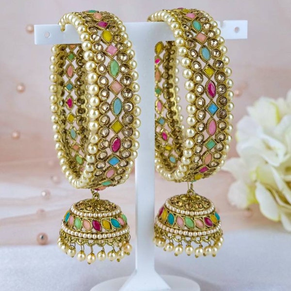 Pair Of Multi colour Antique Gold Stone RIMI Indian Asian Bangle Set, Chooriyan Bangles Set, Kangan Bangles, Indian Jewellery