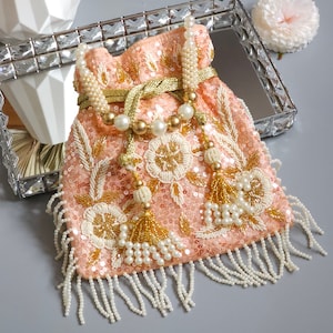 Peach Silk Potli Bag: Luxury Pearl Fringe Evening Bag