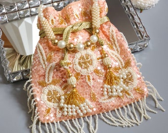 Peach Silk Potli Bag: Luxury Pearl Fringe Evening Bag