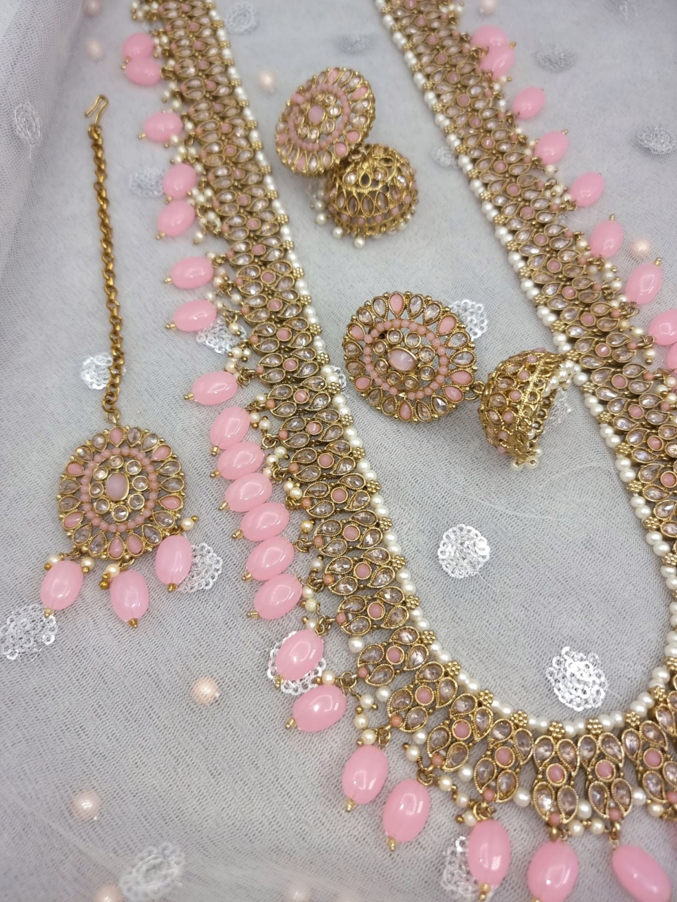 Sabiha Pink Antique Gold Polki Stone Mala Necklace Set Long Haar Rani Haar Indian Jewelry Bridal Wedding Jewelry Pakistani Jewelry Etsy Canada