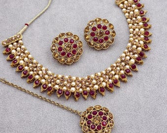Antique Gold Polki Stone Simple Necklace With Round Earrings & Tikka, Indian Bride Bridesmaid Bollywood Style Wedding Bridal Jewelry Set