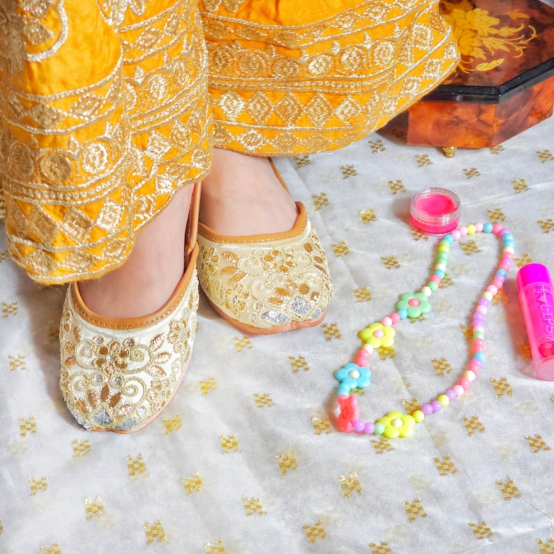 Girls Gold Embroidered Khusa Sandal: Pakistani Indian Jutti image 2