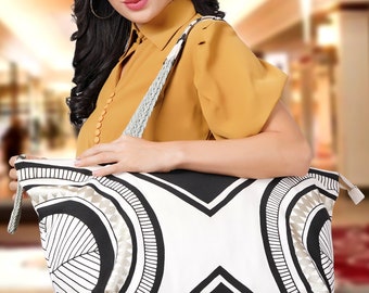 White Gold Black Ethnic Motif Printed Canvas Tote Bag Oversized Beach Bag Bridesmaid's Gift Holiday Bag Anniversary Gift For Her Shopper Bag