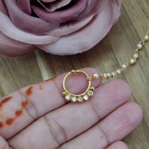 Gold Diamond Non Pierced Small Nose Ring with Chain, Bridesmaid&#39;s Nose Hoop, Bridal Nath, Indian Jewellery, Pakistani Jewellery 1cm wide