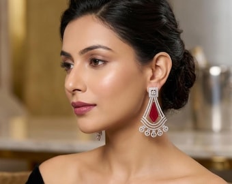 Silver Ruby American Diamond CZ Statement Earrings, Art Deco Dangle Drop Earrings, Indian Bridal Jewelry, Wedding Earrings Gift for Her