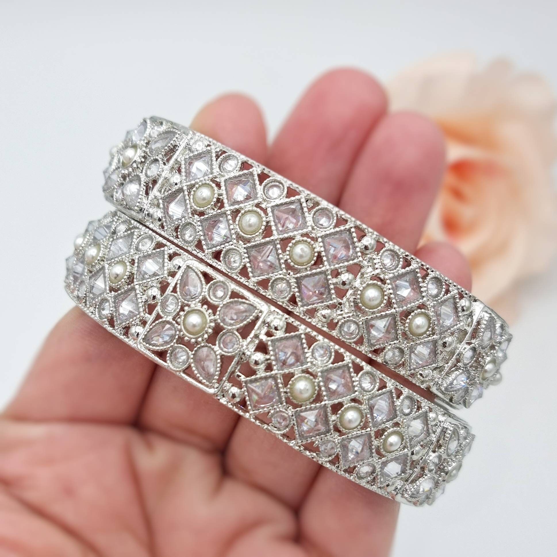 Silver Polki CZ Bangle Set: Indian Anniversary Jewelry - Etsy Israel