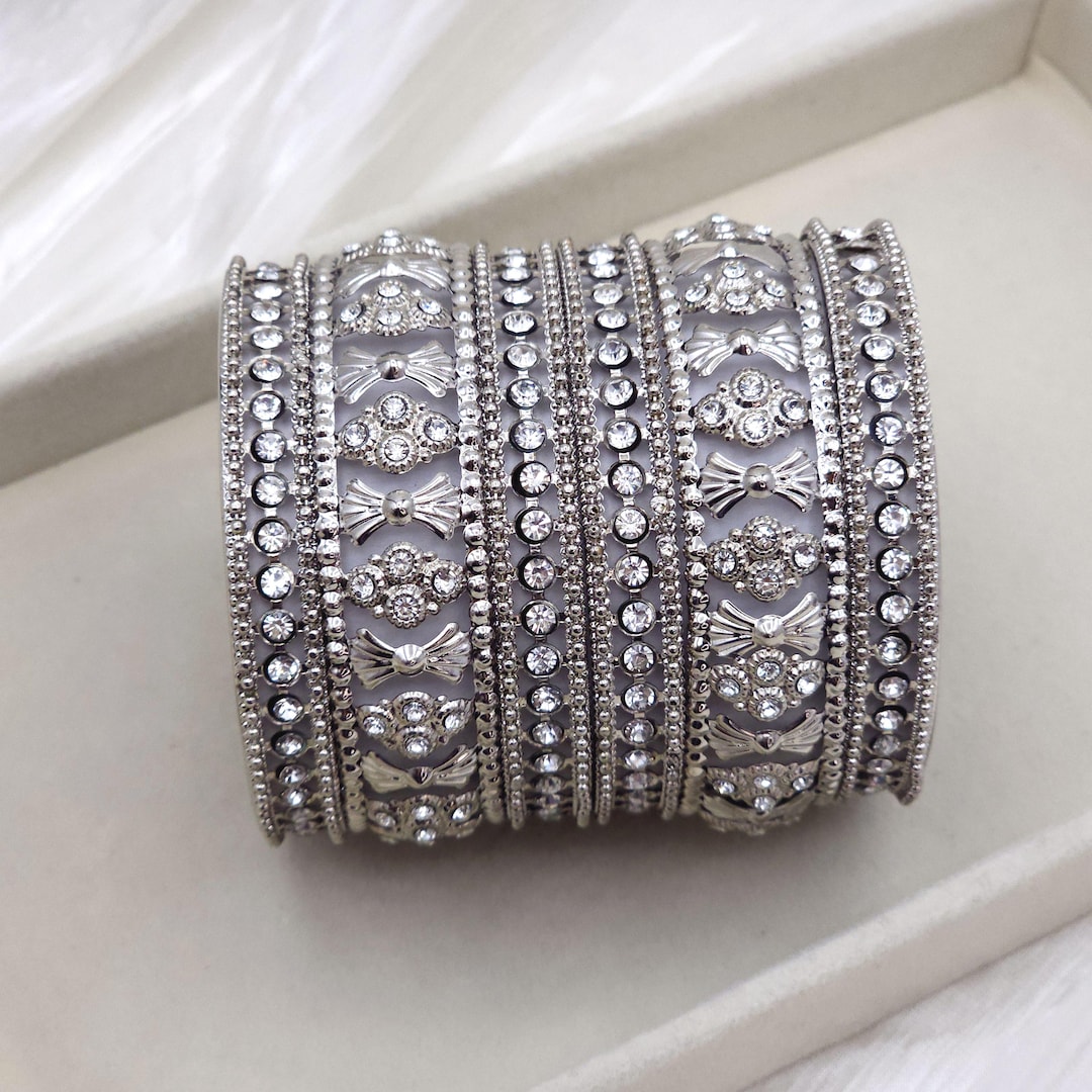 6 Pcs Silver Polki Pearl Bangle Set, Antique Gold Bangles Indian