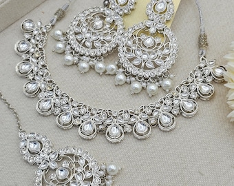 Antique Gold Polki Stone Pearl Flexible Choker Necklace With Earrings & Tikka Jewellery Set Bridal Wedding Party Bride Bridesmaid Jewellery