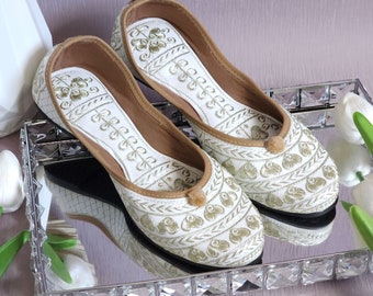 White Leather Embroidered Jutti Shoes: Punjabi Mojari, Dabka Work