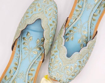 Light Blue Womens Double Cushion Zari Work Handcrafted Jutti, Indian Shoes, Pakistani Khussa,  Punjabi Jutti, Embroidered Leather Jutti,