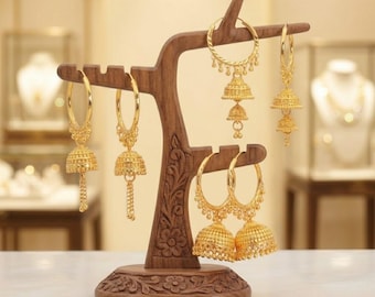 Gold Plated Jhumka Hoop Earrings, Indian Wedding Dangling Earrings, Pakistani Bridal Jewelry, Ethnic Statement Bali Earrings Gift for Women