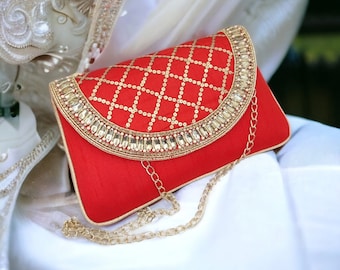 Scarlet - Red Hand crafted Sequined and Stone work Indian Clutch Bags for Wedding Clutch purse, clutch bags for women, Evening Purse,