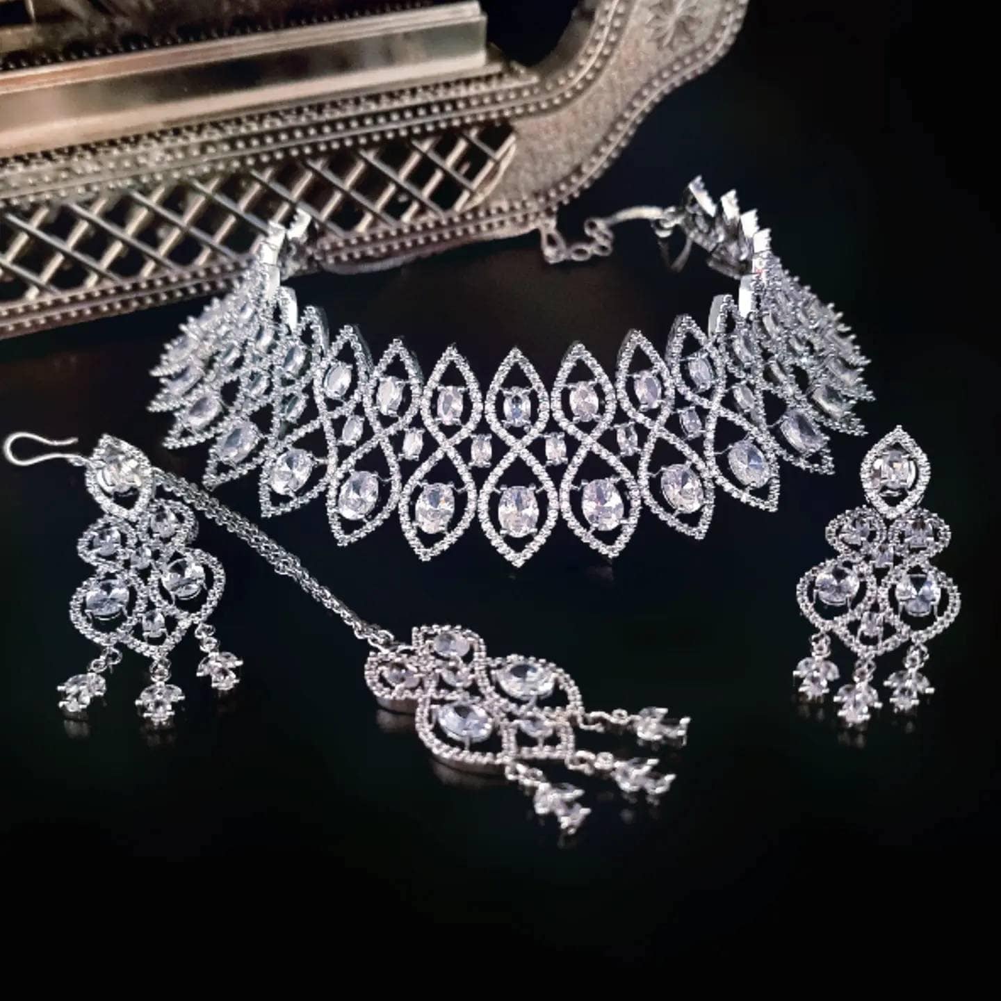 Indian Jewellry Bridal Jewelry Beautiful Flexible American Diamond CZ Choker Necklace set with Earrings and Tikka Pakistani Jewellery