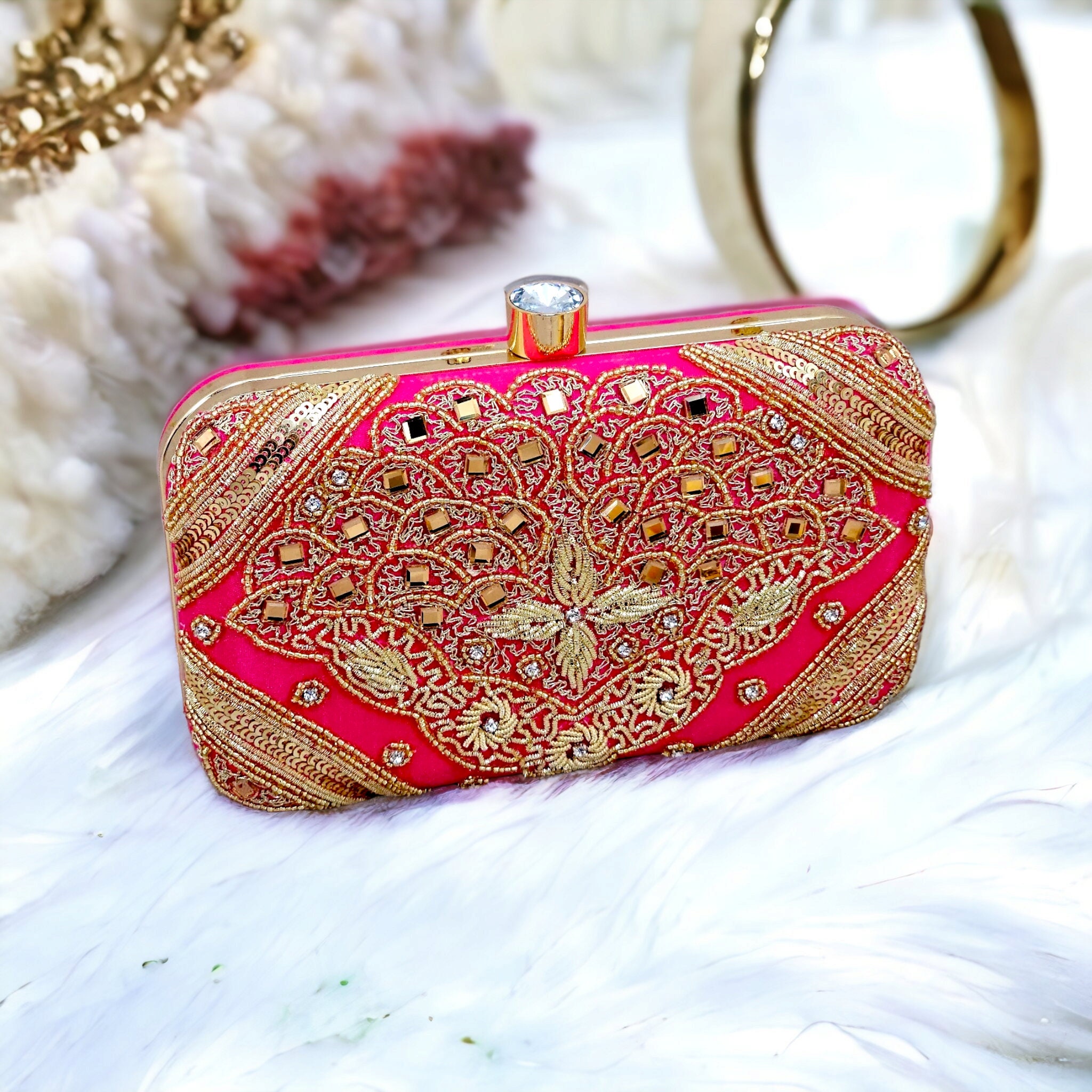 Rutba Hot Pink Gold Designer Pearl Work Indian Bridal Clutch 