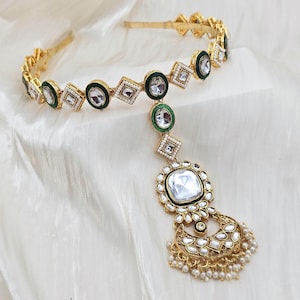 Antique Gold Bridal Hairband, Kundan Pearl Matha Patti, Indian Wedding Headpiece, Pakistani Mehndi Jewelry Bridesmaid's Bridal Hair Jewelry image 1