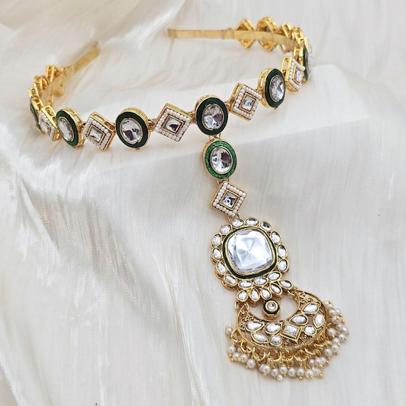 Antique Gold Bridal Hairband, Kundan Pearl Matha Patti, Indian Wedding Headpiece, Pakistani Mehndi Jewelry Bridesmaid's Bridal Hair Jewelry