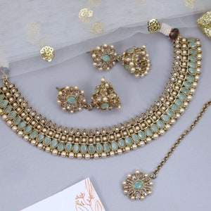 Polki Pearl Indian Bridal Jewelry Set: Antique Gold Necklace, Earrings, Maang Tikka