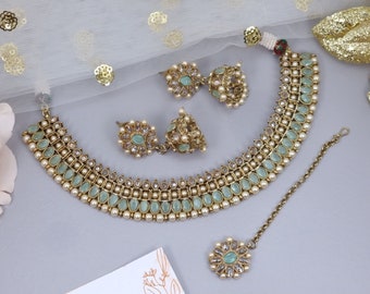 Anita Beautiful Lightweight Polki Stone Indian Asian Kundan Necklace Set with Jhumki Earrings and Tikka. Polki Jewelry, Polki Necklace,