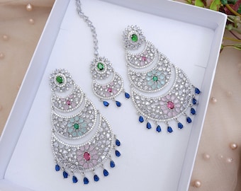 Silver Multi CZ Chandbali Tikka Headpiece Earring Set Indian Bridal Jewelry,  Bridesmaid Gift Bollywood Jewelry, Pakistani Wedding Jewellery
