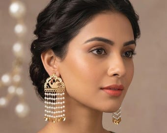 Gold Plated Jadau Peacock Pearl Earrings, Indian Bridal Jhoomer, Pakistani Wedding Jewelry, Statement Dangle Earrings, Bridesmaid Gift