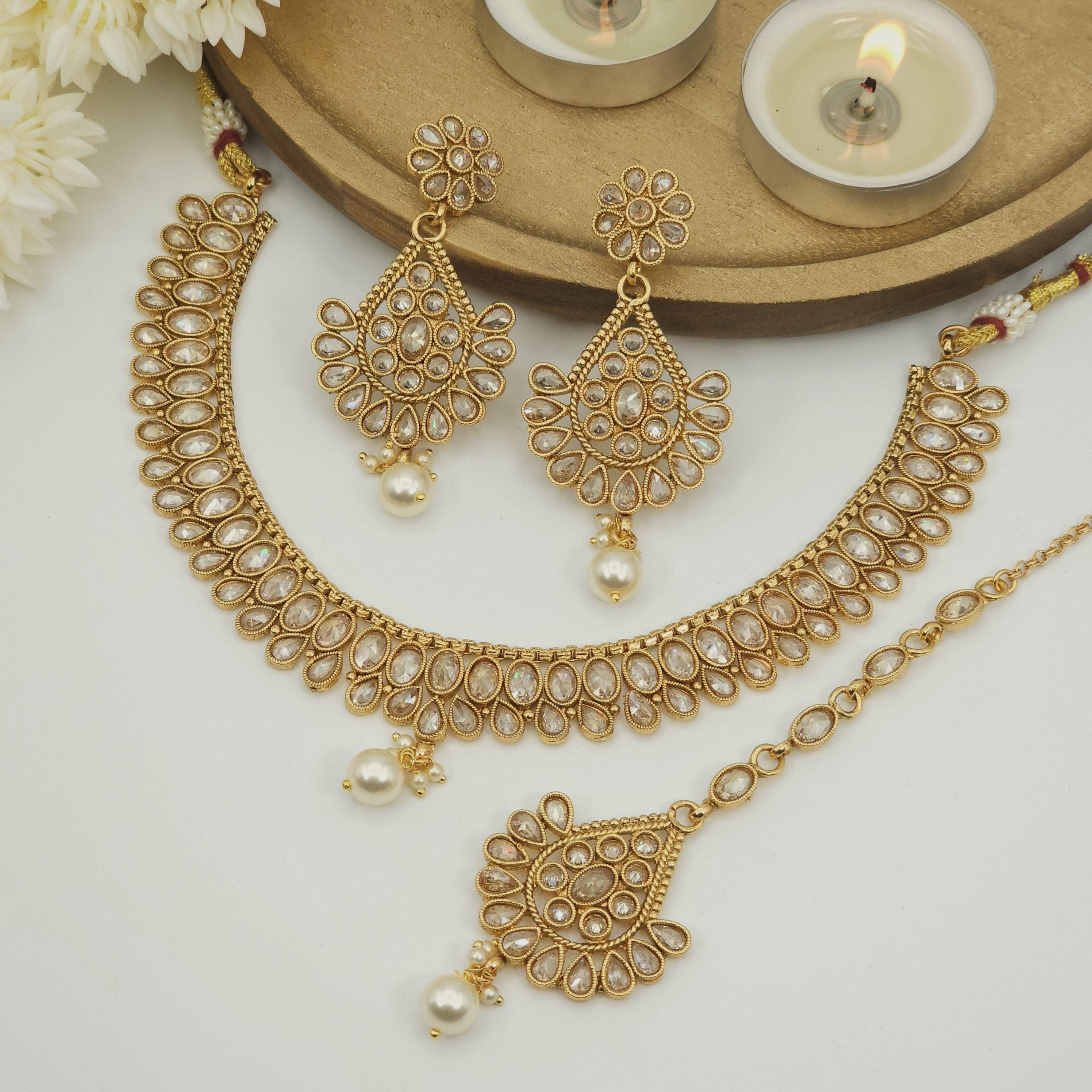 FancyFabJewels Sadia Gold Plated Polki Necklace Set with Earrings and Maang Tikka Indian Pakistani Bridal Jewelry