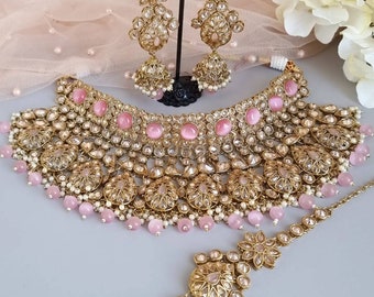 Antique Gold Indian Asian Full Bridal Necklace Set: Jhumka Earrings & Maang Tikka, Jewellery Set, Pakistani Wedding Jewellery Zircon jewelry