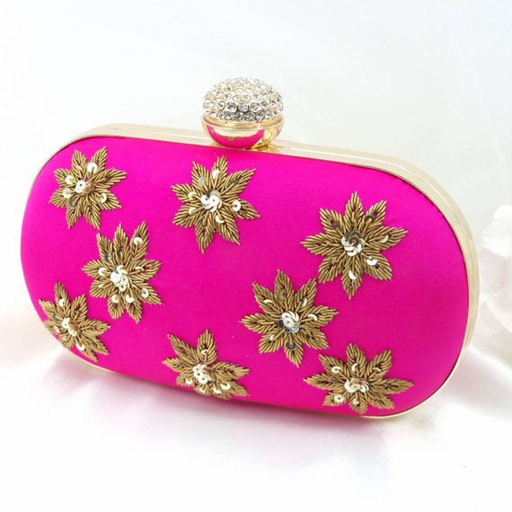 Leah Magenta Pink Gold Designer Clutch Bag Indian Bridal 