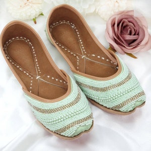 Rina Green Gold Pearl and seqine Work Bridal Jutti, Indian Pakistani Punjabi Jutti, Embroidery Jutti, Shoes, Mojari, Juttis For Women