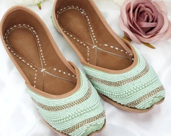 Green & Gold Pearl Bridal Jutti: Embroidered Indian Shoes