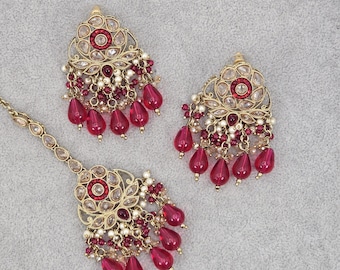 Antique Gold Polki Earring Tikka Set | Bridal Jewellery Set with Earrings & Headpiece | Indian Bride Bridesmaid wedding Jewelry Accessories