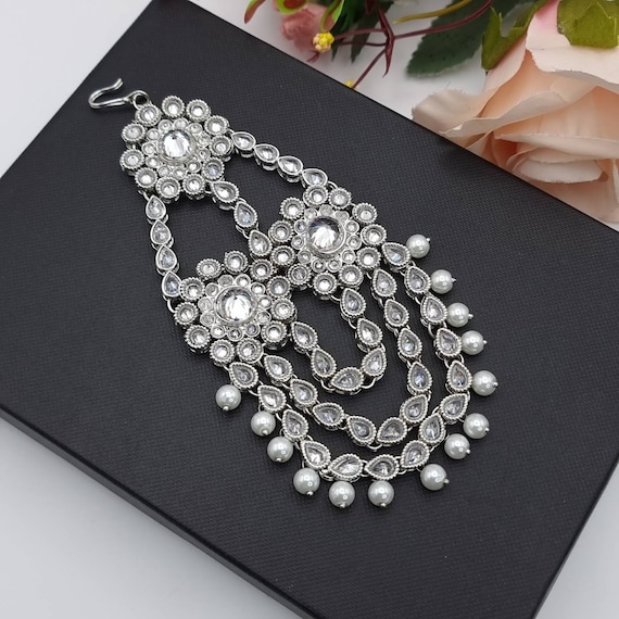 Silver Kundan Pearl Bridal Passa Indian Pakistani Wedding  display picture 1
