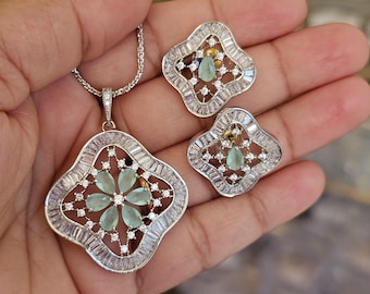Floral American Diamond CZ Pendant Necklace Stud Earring Set: Indian Pakistani Wedding Jewelry Gift For Her