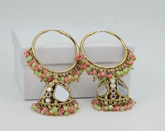 Antique Gold Mirror Stone Jhumka Earrings: Indian Bali Hoop Earrings, Indian Bridal Jewelry Weeding Party Bollywood Jewellery