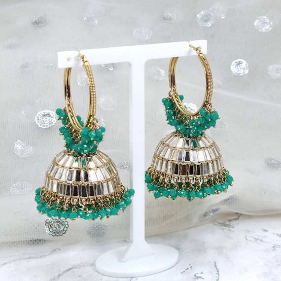 Jhumka - Orecchini da donna indiani in stile vintage placcati in oro, con zirconi, con frange, stile bohemien, matrimonio, regalo da donna, sera, festa, ispirazione Bollywood, cerimonia gioiello