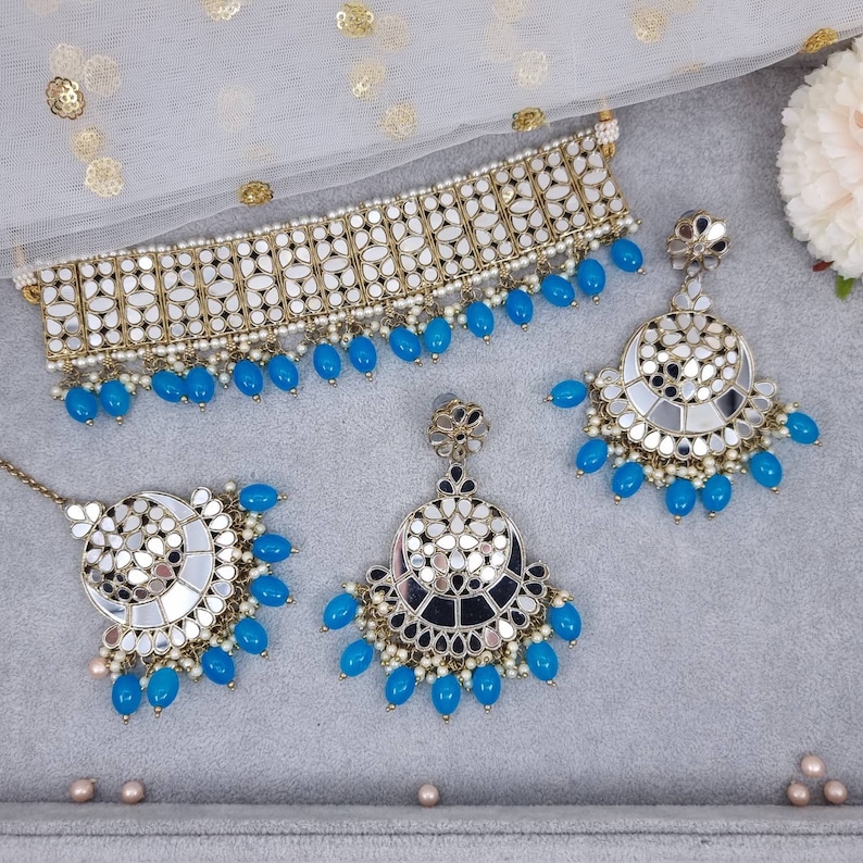 Alia Mirror Work Flexible Choker Necklac Jewellery Set, Indian Jewelry