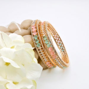 Rose Gold Mint Pink Bangle Set American Diamond CZ Bollywood Indian Bangles Jewelry For Party Wedding  For Bride Bridesmaid's Gifts For Her