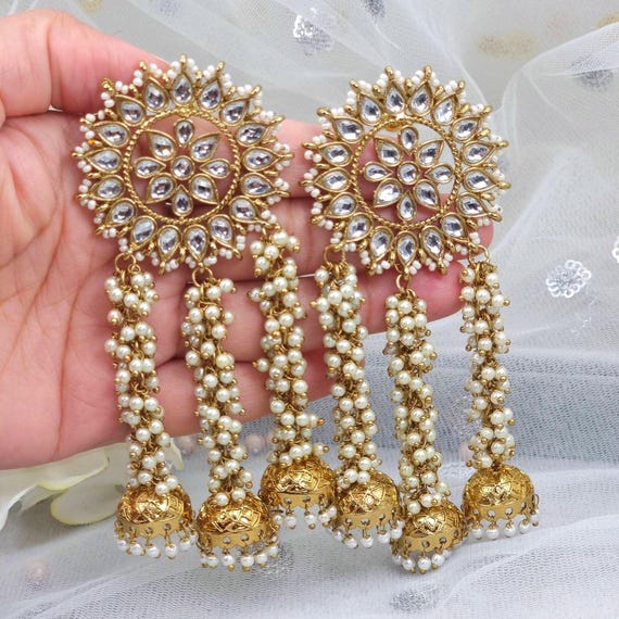Hina-Kundan Statement Earrings with Jhumki Drop, Kashmiri Jhumka, Indian Pakistani Jewelry, Bollywood Dejhoor Earrings