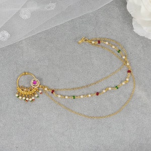 Kundan Polki Nose Ring: Antique Gold Nath with Triple Chain, Non Pierced