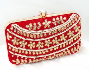Red Gold Embroidered Bridal Clutch Bag: Indian Wedding Purse