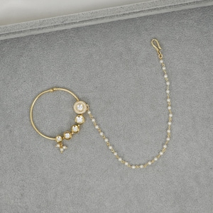 Gold Plated Kundan Meenakari Bridal Nose Ring with Chain (4.5-cm)