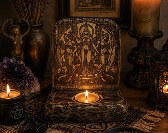 Triple Hecate Goddess Candle Holder Wood Altar Decor Greek Myth Figurine Witchcraft Gift