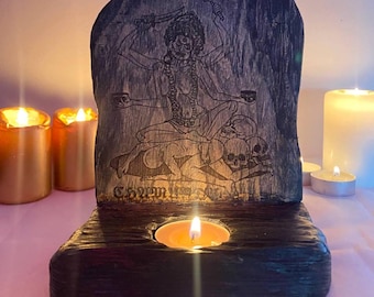 Chamunda Wooden Candle Holder: Hindu Goddess Altar Decor