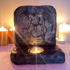 Hand Carved Pazuzu Wooden Candle Holder: Gothic Altar Decor