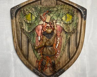 Hand Carved Ash Wood Viking Shield: Thor vs Jormungand Norse Decor