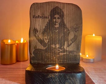 Lakshmi Altar: Laser Cut Wooden Candle Holder, Hindu Goddess Statue