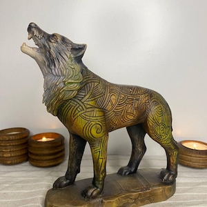 Wolf Wolf statue Wolf figurine Celtic carving Celtic wood carving Wood carving Norse mythology Wolf art Odin wolf Odin decor Home decor