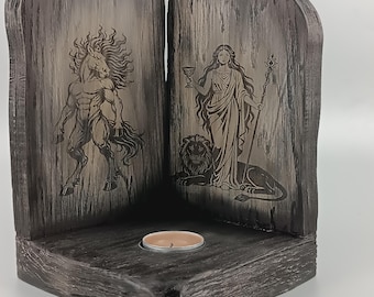 Portavelas doble de madera para altar con Circe y Orobas