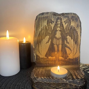 Bune Bune altar Goetia Demon Bune sigil Occult Ars goetia Ritual altar Solomon Wooden candle holder Laser cutting Wood carving Altar decor