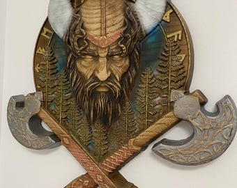 Hand-Painted Viking Wood Carving: Odin with Axes, Norse Mythology Wall Art