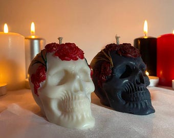 Handmade Skull Candle: Gothic Decor with Rose Details